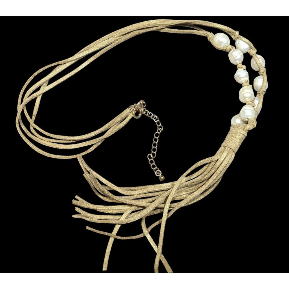 Boho Chic Faux Suede And Pearl Beaded Tassel Necklace